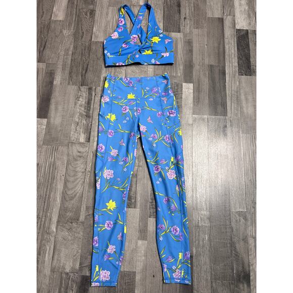 Fabletics Pants - Fabletics Blue Floral Workout Set Sports Bra High Rise Leggings Matching Gym Set